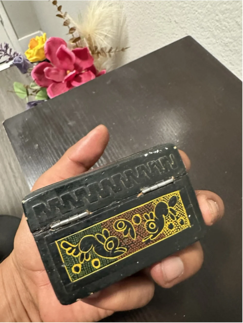 Small Wooden & Metal Trinket Box, Hinged Lid, Bird Pattern, Black/Gold/Red